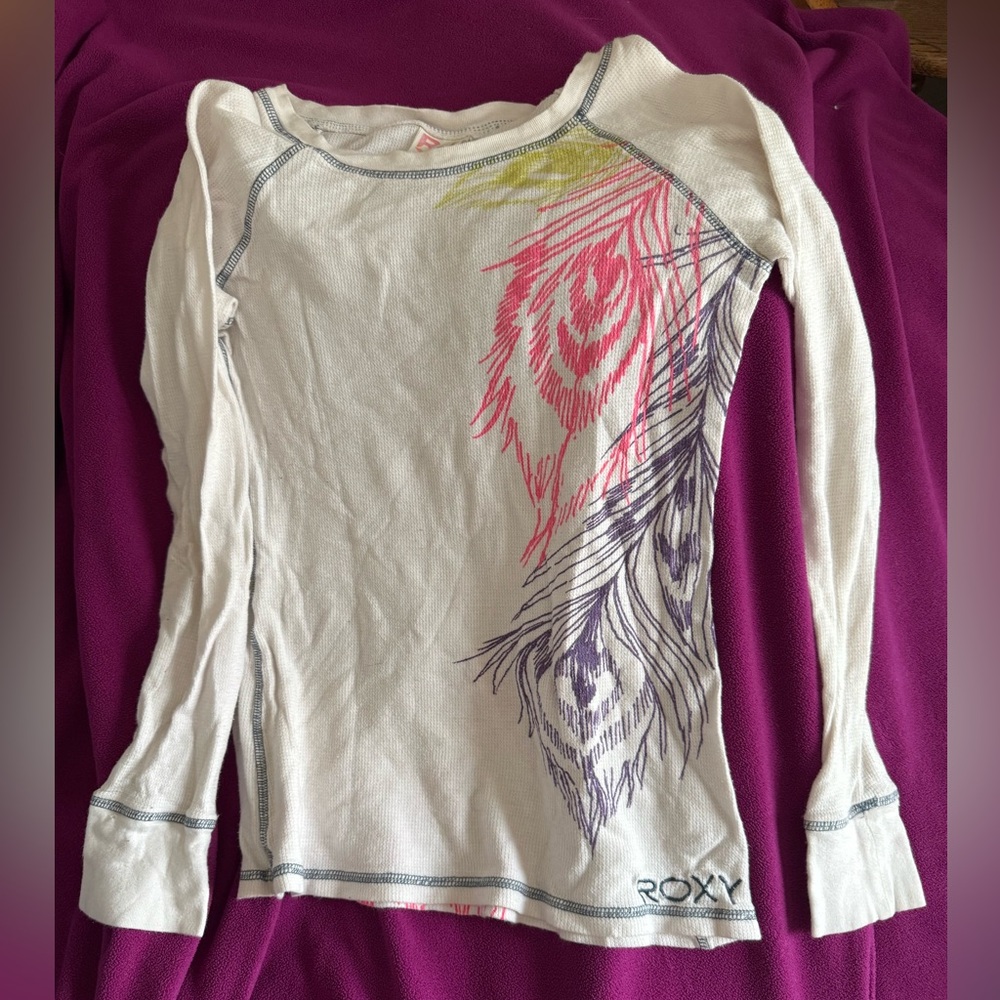 Roxy women’s Long Sleeve Tee - White with Pink and Purple Feather Print